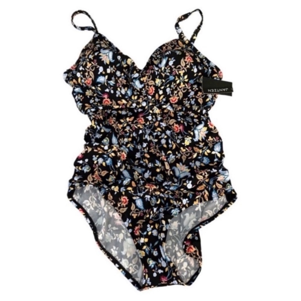 NEW Jantzen One Piece Swimsuit Twist Front Ditsy Floral Black Blue Gold Size 16